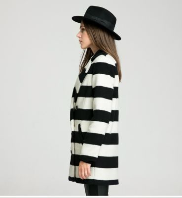 Wool Winter Coat for Women with Large Black White Stripes