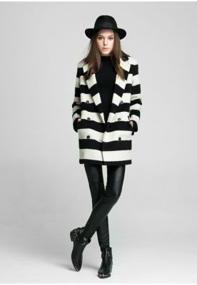 Wool Winter Coat for Women with Large Black White Stripes