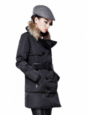 Long Padded Parka for Women with Fur Hood and Double Breast Buttons