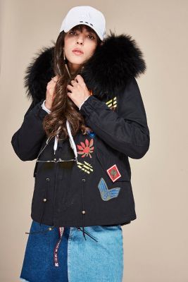 Women winter coat with embroidered badges and fur hood