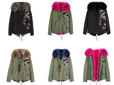 Women winter coat with embroidered badges and fur hood