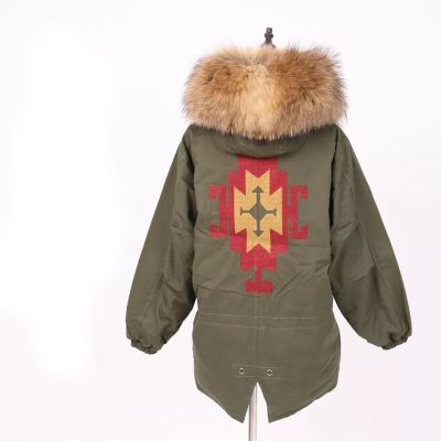 Winter coat for women with geometric embroidery and fur hood
