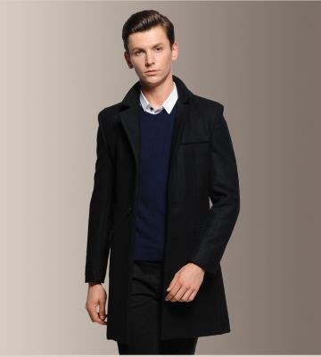 Long slim fit wool coat for men with single button closure