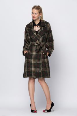 Long Classic Coat for Women with Wool Plaid Design