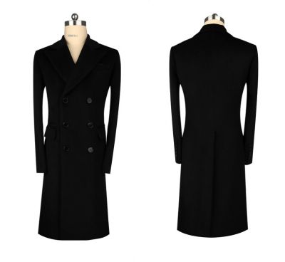 Long wool coat for men with double breast checkered pattern