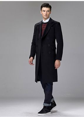 Long wool coat for men with double breast checkered pattern