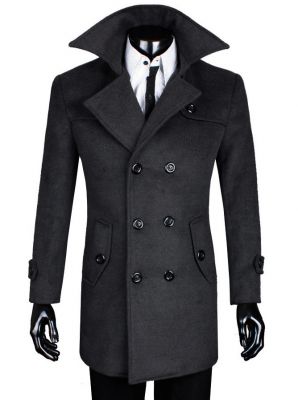 Long Men’s Coat with Double Breast Button Closure - Wool