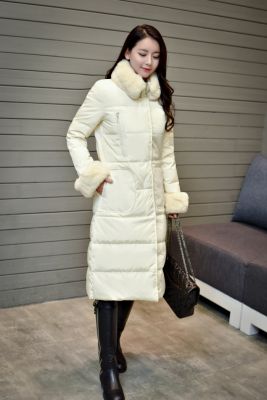 Long winter coat for women with fur lined hood and sleeves