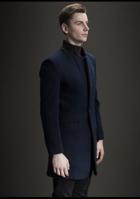 Mid-length wool winter coat for men with single button closure