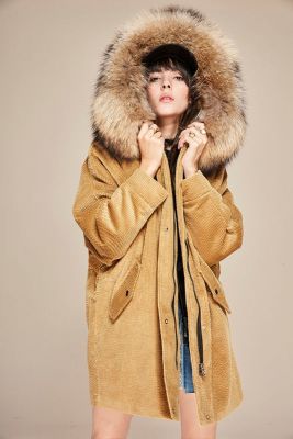 Mid-length corduroy coat for women with fur hood