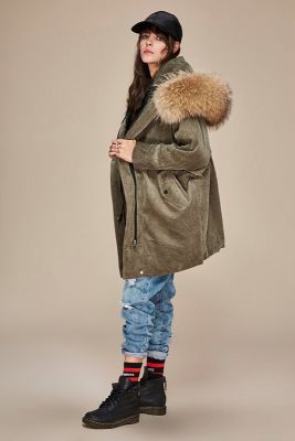 Mid-length corduroy coat for women with fur hood