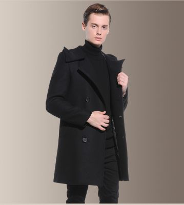 Men's mid-length coat with off-the-shoulder closure and hood