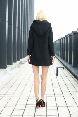 Woven Wool Coat for Women with Hooded Collar and Single Outer Button