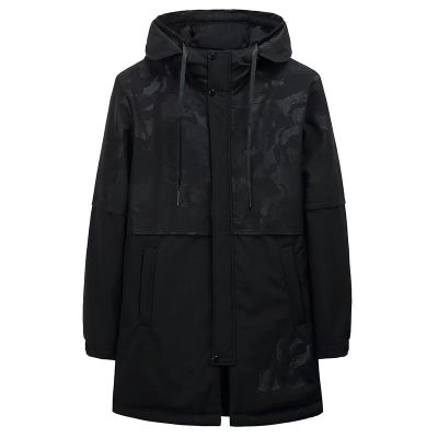 Men's black hooded winter coat with camouflage print