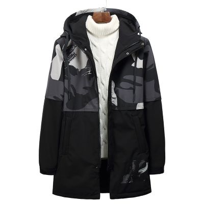 Men's black hooded winter coat with camouflage print