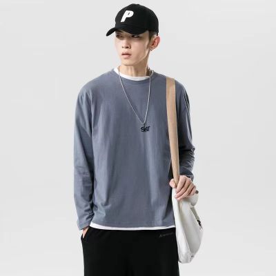 Men's long sleeve solid color t-shirt with crewneck collar