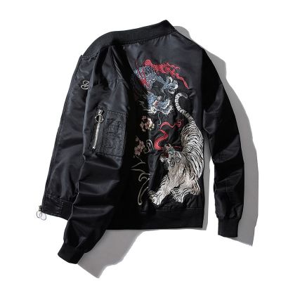 Men's Vintage Style Bomber collar Jacket with Asian Inspired Embroidery