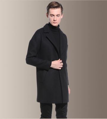 Men's woolen overcoat with single button closure