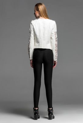 Perfecto Leather Jacket for Women with Lace Flower Sleeves - White