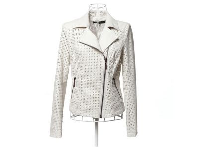 Perforated Hollowed Out Perfecto Leather Jacket for Women - White