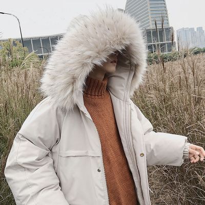 Puffer jacket with faux fur trim hood for men