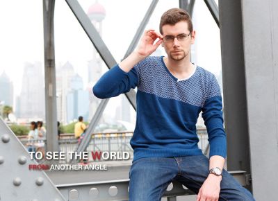 V Neck Pullover Jumper for Men with Asymmetric Colored Collar