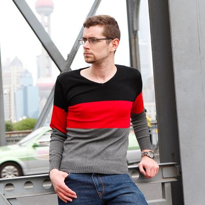 Tricolor Grey Red and Black V Neck Sweater for Men