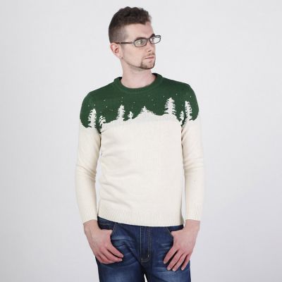 Round Collar Pullover Sweater for Men with Winter Pattern Snow Trees