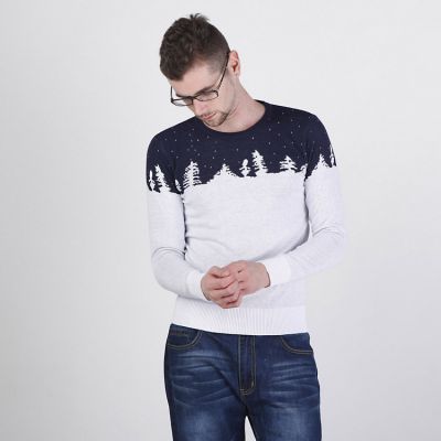 Round Collar Pullover Sweater for Men with Winter Pattern Snow Trees