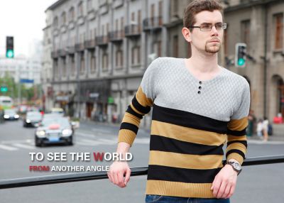 Striped Pullover for Men with Mixed Stripes and Collar Buttons