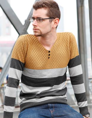 Striped Pullover for Men with Mixed Stripes and Collar Buttons