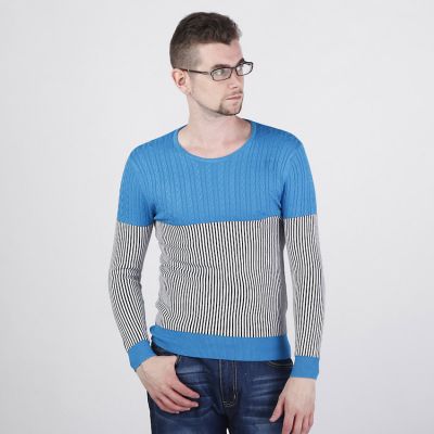 Half Cable Knit Sweater for Men with Thin Stripe Pattern