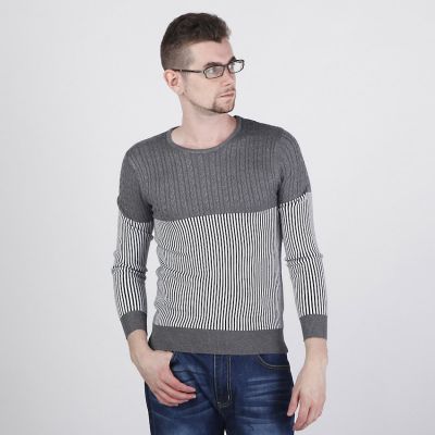 Half Cable Knit Sweater for Men with Thin Stripe Pattern