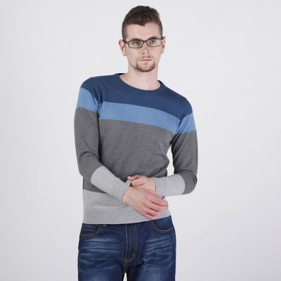 Men's Round Collar Pullover Sweater with Mixed Stripes Pattern