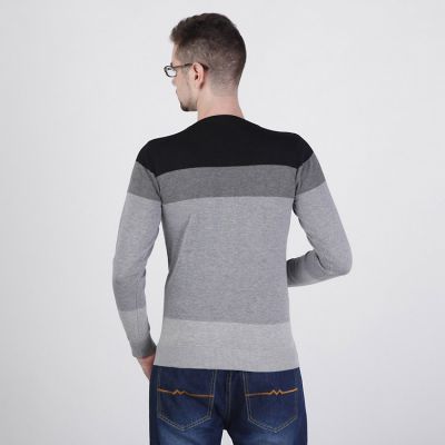 Men's Round Collar Pullover Sweater with Mixed Stripes Pattern