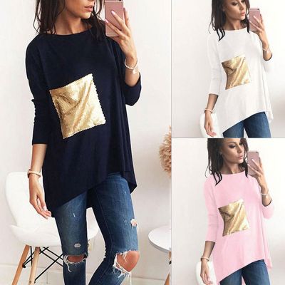 Oversize t-shirt dress for women with gold sequins front pocket