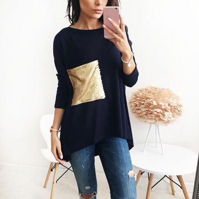 Oversize t-shirt dress for women with gold sequins front pocket