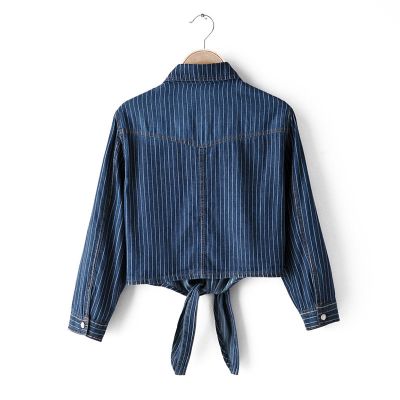 Rolled Sleeve Knot Front Denim Shirt for Women