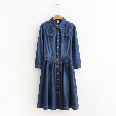 Rolled sleeve washed denim dress for women