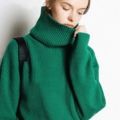 Solid color loose turtleneck wool sweater for women