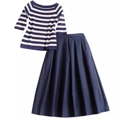 Striped Navy Blue and White dress with pleated navy skirt