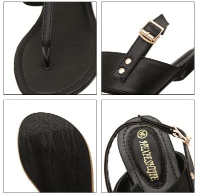 Summer Sandals for Women with Black Leather Gold Buckle - White Black