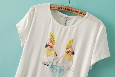 Summer T shirt for Women with Double Parrot Collage Design