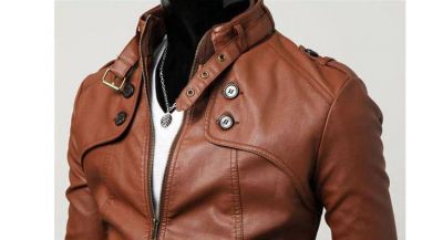 Slim Fit Leather Jacket for Men with Neck Buckle - Black or Brown