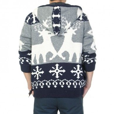 Zip Up Hoodie for Men with Big Winter Reindeer Print and Inside Fur