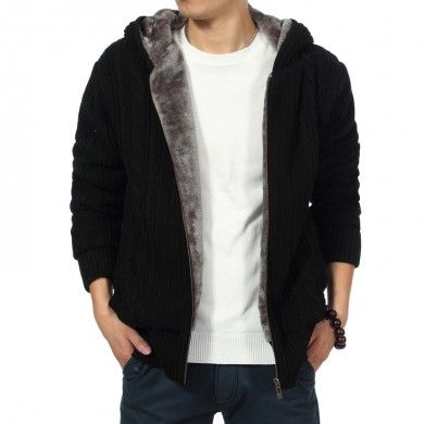 Zip Up Hoodie for Men Thick Wool with Fur Inside Twisted Wool knit