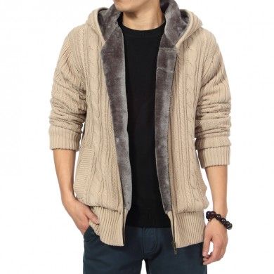 Zip Up Hoodie for Men Thick Wool with Fur Inside Twisted Wool knit