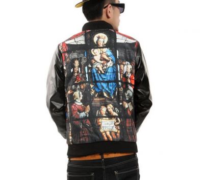 Bomber Jacket with Leather Sleeves and Virgin Mary Print Bimaterial