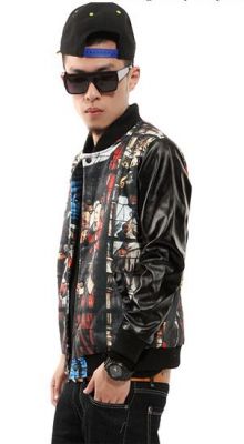 Bomber Jacket with Leather Sleeves and Virgin Mary Print Bimaterial