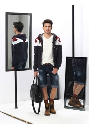 Zip up Hoodie for men with PU Leather shoulder contrast Sport fashion